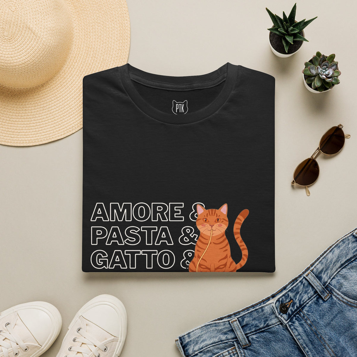 Amore Pasta Gatto Basta Cat Lover Graphic T-Shirt