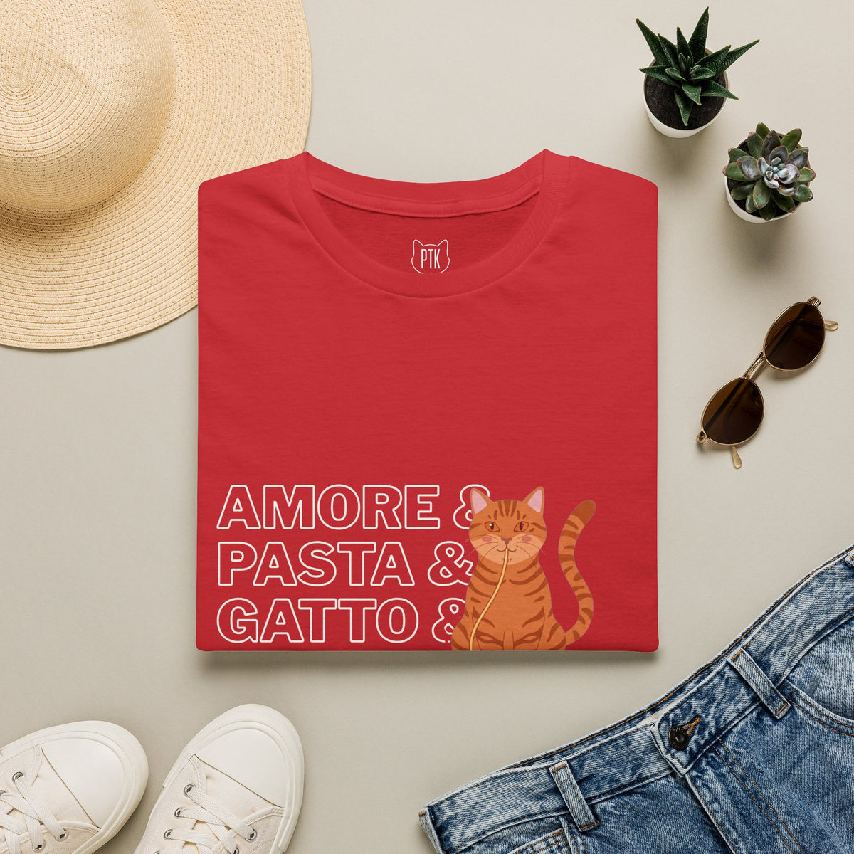 Amore Pasta Gatto Basta Cat Lover Graphic T-Shirt